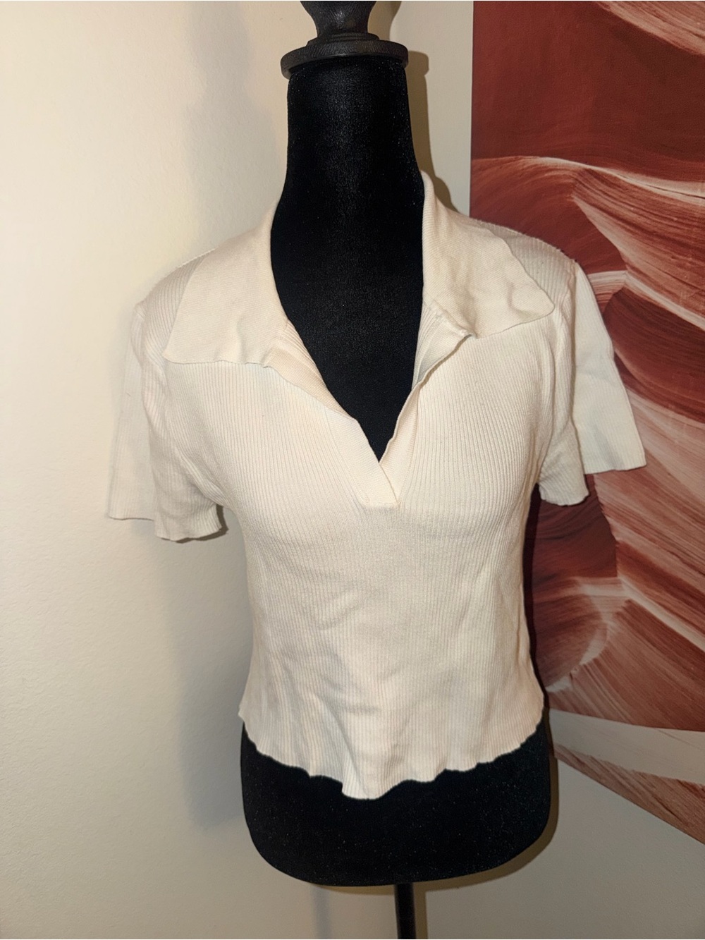 Forever 21 Cream Ribbed Polo Crop Top